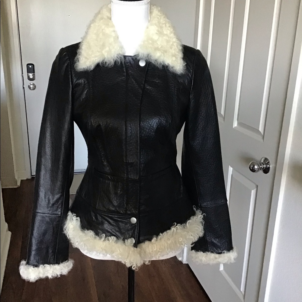 Real leather black jacket with faux fur trim